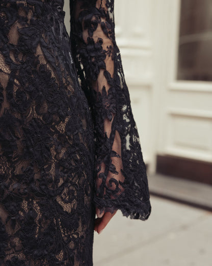 Mac Duggal Black Mock Neck Long Sleeve Lace Gown