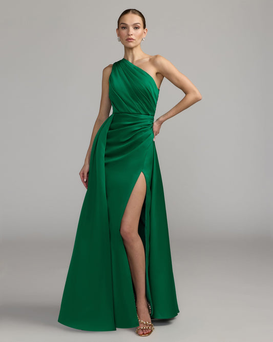 Mac Duggal Emerald One Shoulder Satin Gown With Overskirt