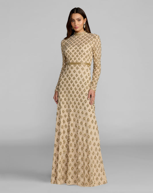 Mac Duggal Gold Mock Neck Long Sleeve Embellished A-Line Gown