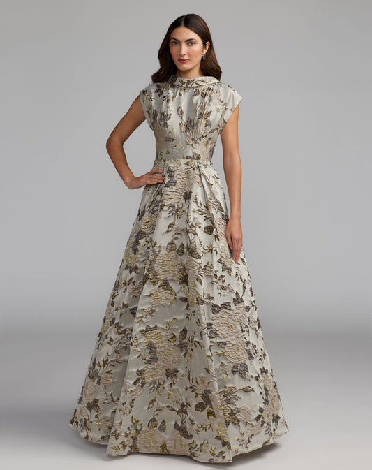 Mac Duggal Silver Floral Brocade Cap Sleeve Ball Gown