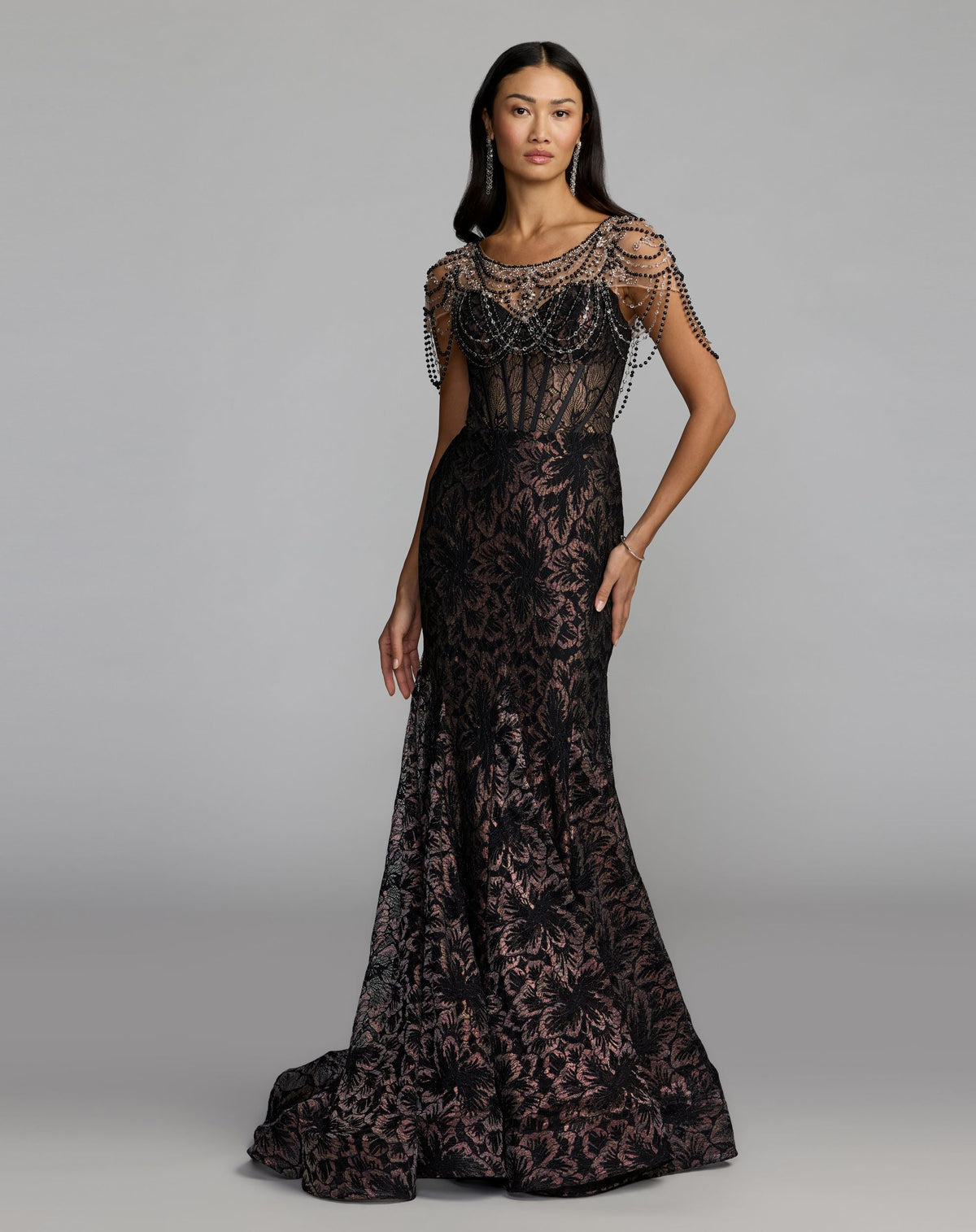 Mac Duggal Black Lace Corset Gown With Draped Beading