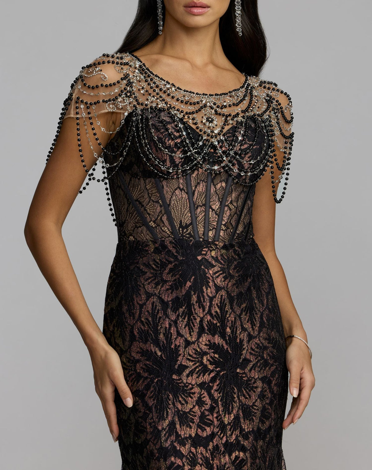 Mac Duggal Black Lace Corset Gown With Draped Beading