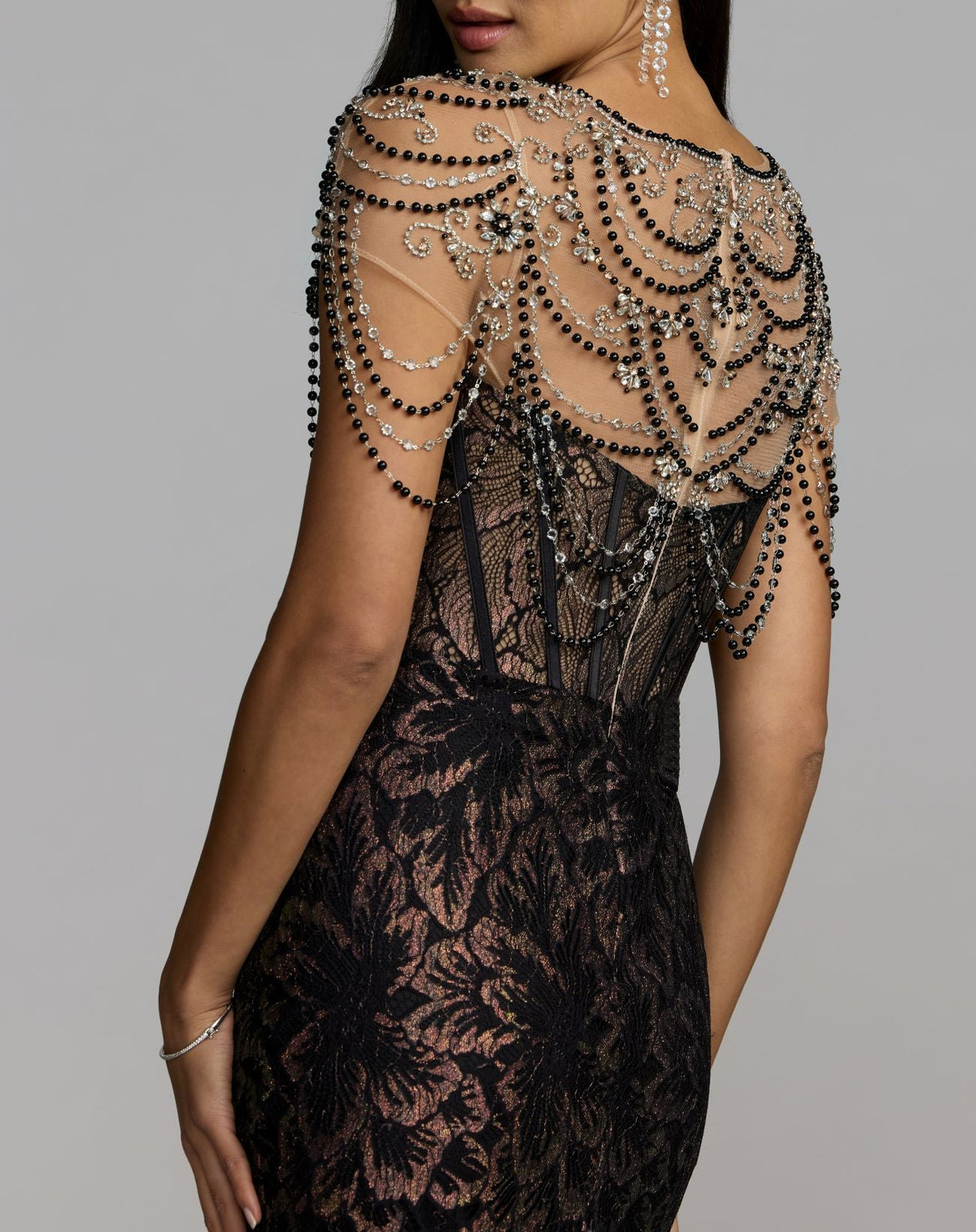 Mac Duggal Black Lace Corset Gown With Draped Beading