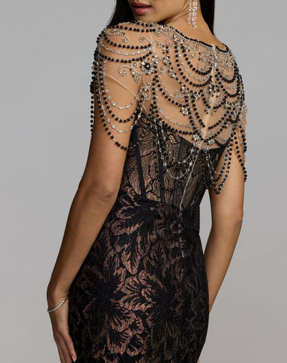 Mac Duggal Black Lace Corset Gown With Draped Beading