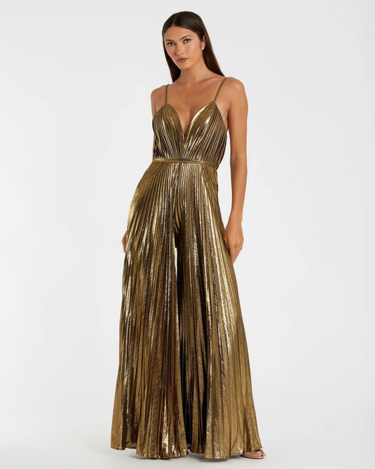 Mac Duggal Gold Metallic Pleated V-Neck Jumpsuit