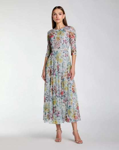 Mac Duggal Blue Multicolor Floral Midi Dress With 3/4 Sleeves