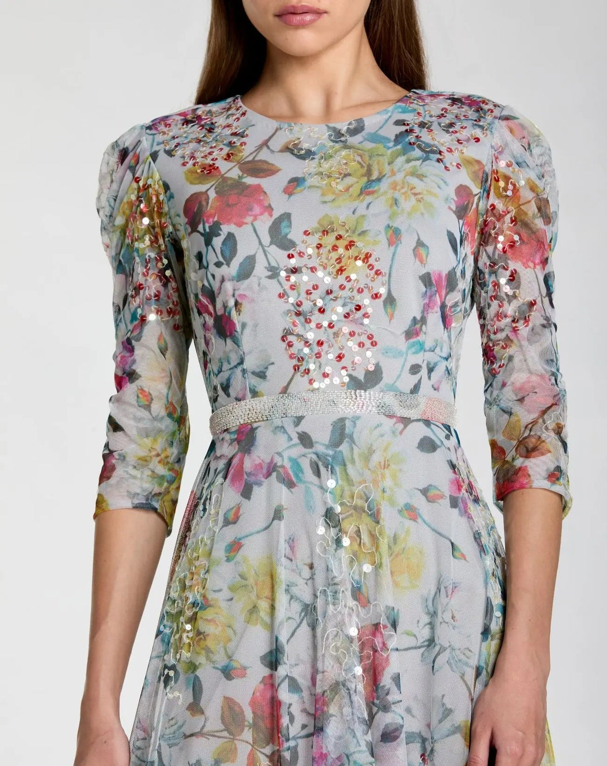 Mac Duggal Blue Multicolor Floral Midi Dress With 3/4 Sleeves