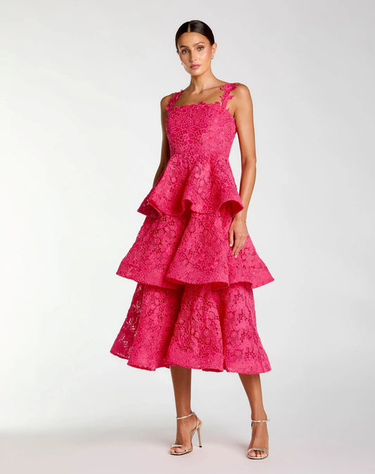 Mac Duggal Pink Sleeveless Embroidered Lace Ruffle Midi Dress