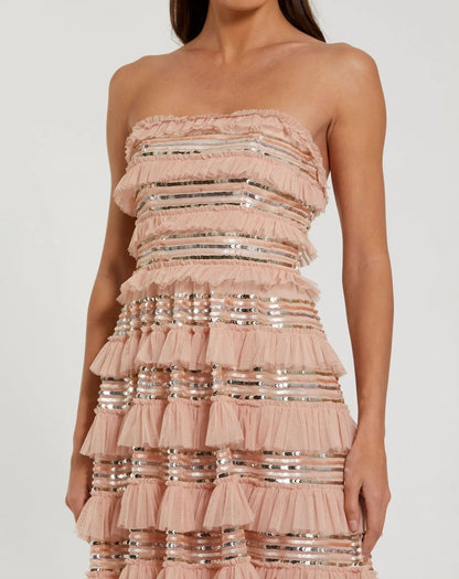Mac Duggal Pink Strapless Sequin Micro Ruffle Maxi Dress