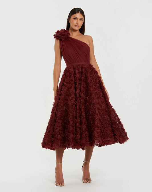 Mac Duggal Red One Shoulder 3D Floral Rosette Midi Dress