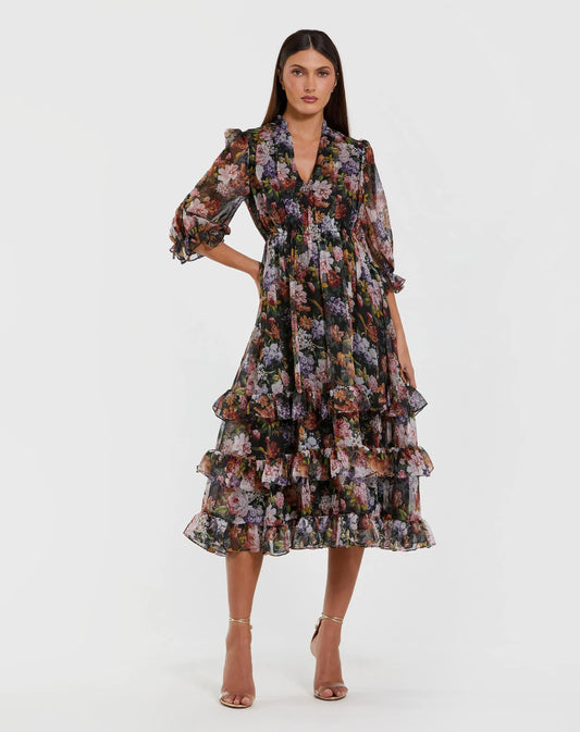 Mac Duggal Black Floral Chiffon Ruffle Midi Dress with 3/4 Sleeves