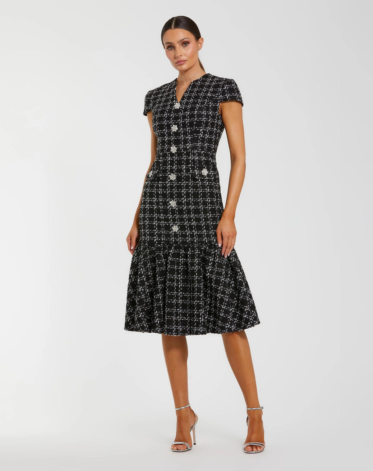 Mac Duggal Black Cap Sleeve Boucle A-Line Midi Dress