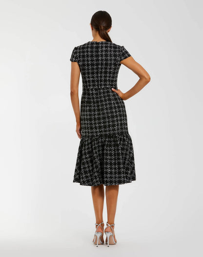 Mac Duggal Black Cap Sleeve Boucle A-Line Midi Dress