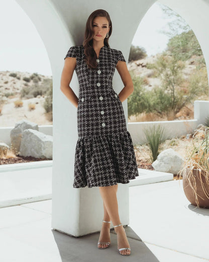 Mac Duggal Black Cap Sleeve Boucle A-Line Midi Dress