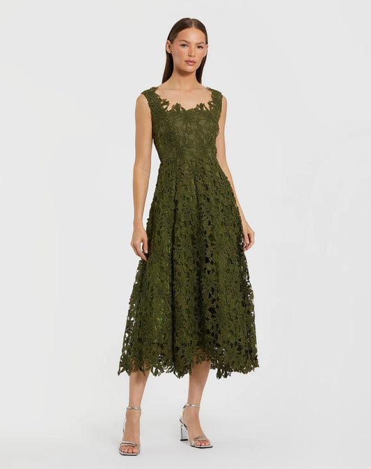 Mac Duggal Green Sleeveless Embroidered Lace A Line Midi Dress