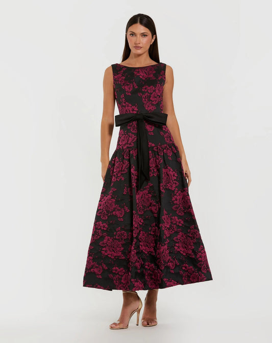 Mac Duggal Black Brocade Drop Waist Midi Dress With Satin Bow