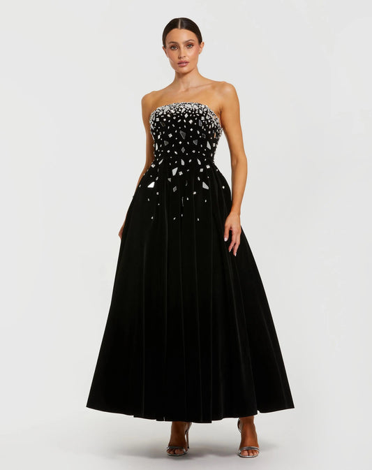 Mac Duggal Black Embellished Velvet Strapless A-Line Maxi Dress