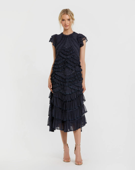 Mac Duggal Navy High Neck Cap Sleeve Ruffle Midi Dress