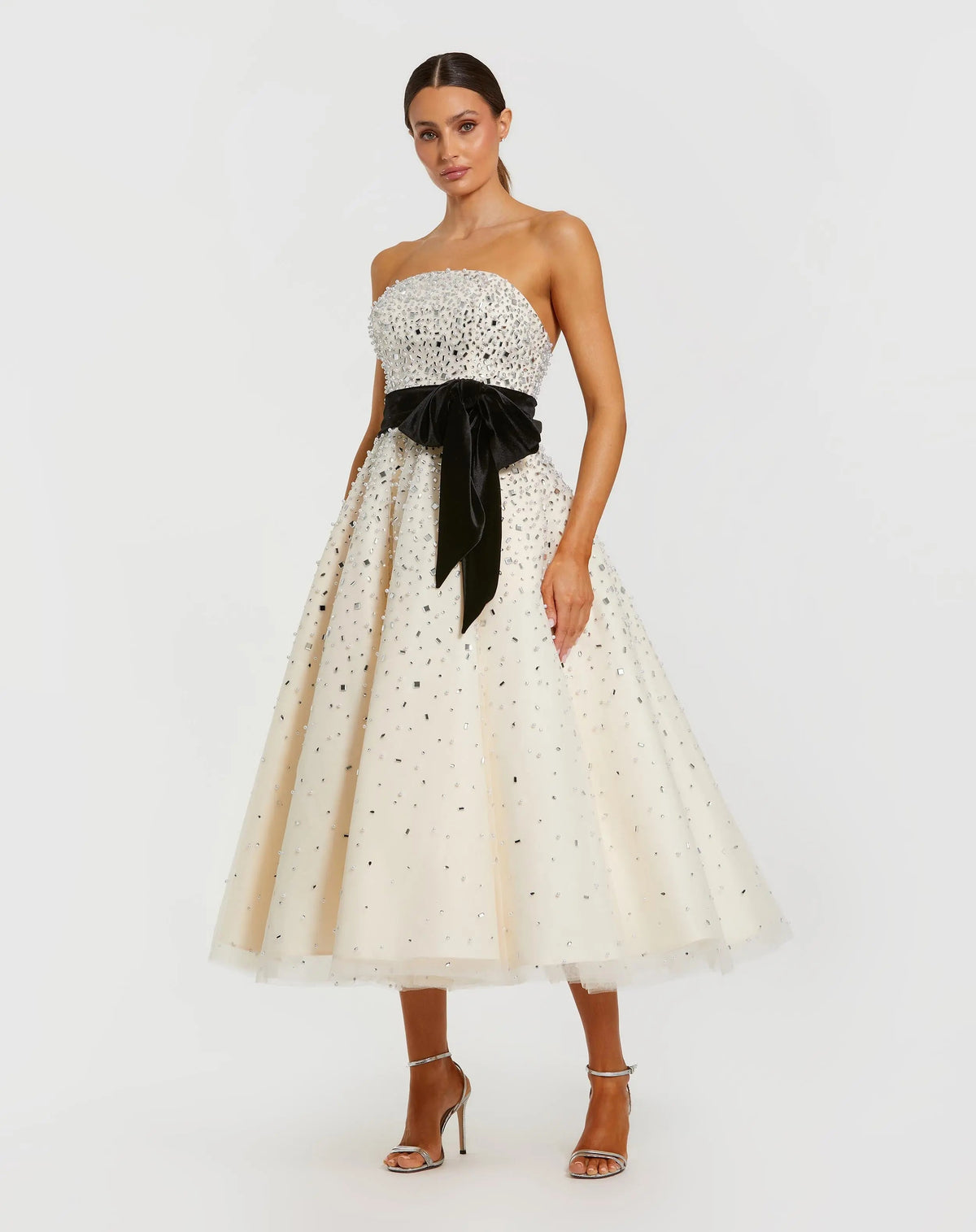 Mac Duggal White Embellished Strapless Midi Dress with Velvet Bow