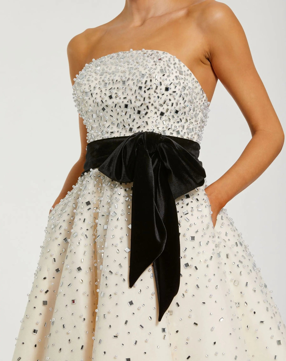 Mac Duggal White Embellished Strapless Midi Dress with Velvet Bow