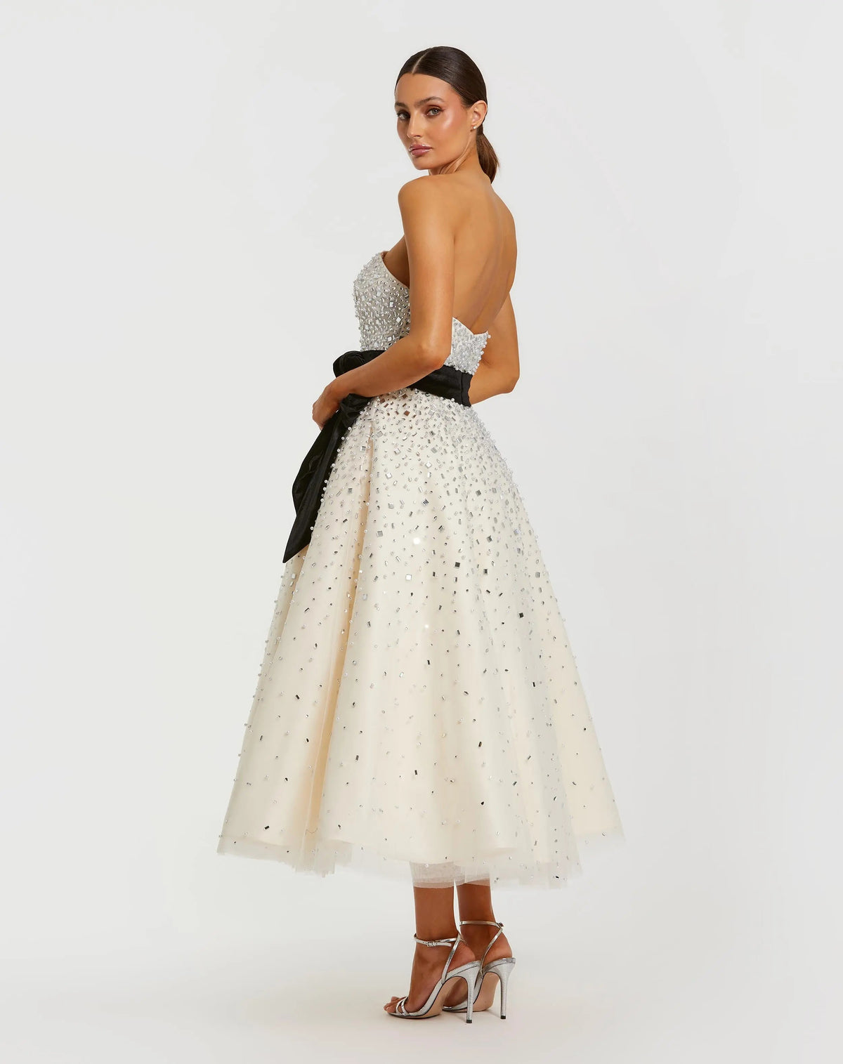 Mac Duggal White Embellished Strapless Midi Dress with Velvet Bow