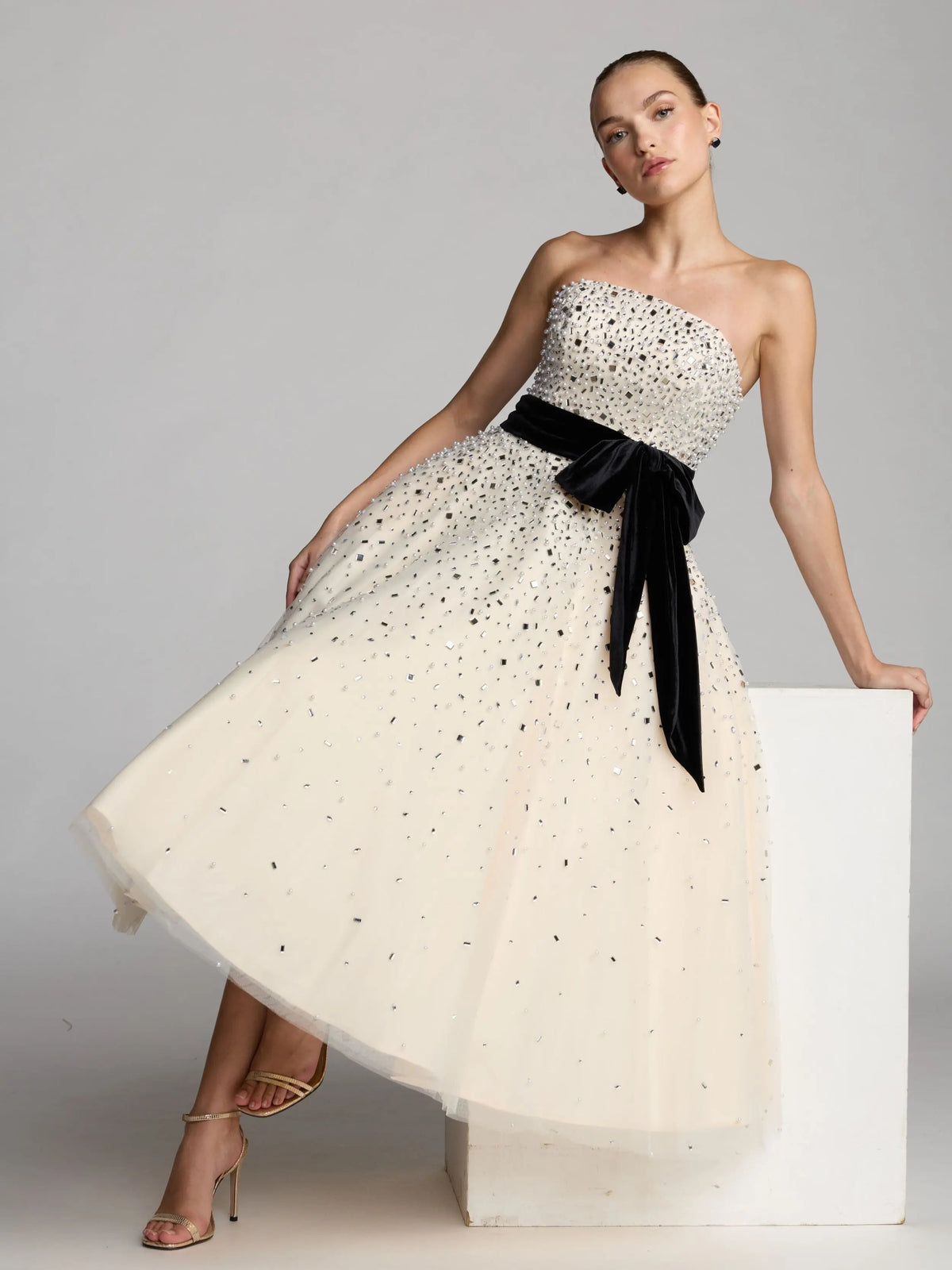 Mac Duggal White Embellished Strapless Midi Dress with Velvet Bow
