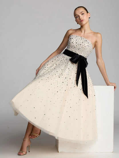 Mac Duggal White Embellished Strapless Midi Dress with Velvet Bow