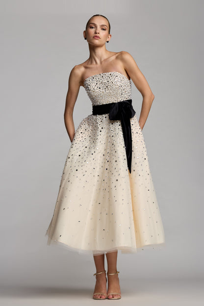 Mac Duggal White Embellished Strapless Midi Dress with Velvet Bow
