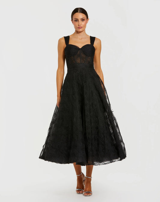 Mac Duggal Black Bustier Sleeveless A-Line Tulle Midi Dress
