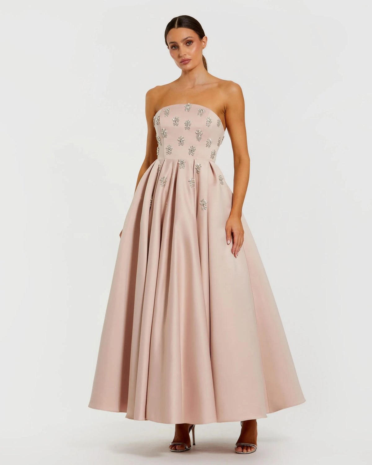 Mac Duggal Pink Strapless Crystal Embellished Satin A-Line Dress