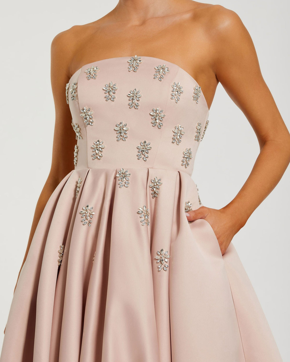Mac Duggal Pink Strapless Crystal Embellished Satin A-Line Dress