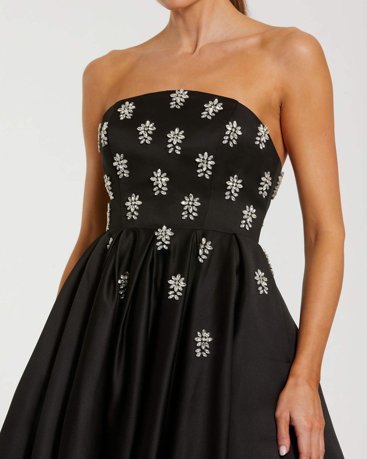 Mac Duggal Black Strapless Crystal Embellished Satin A-Line Dress