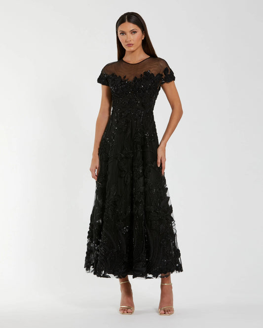 Mac Duggal Black Embellished Lace Illusion Cocktail Dress