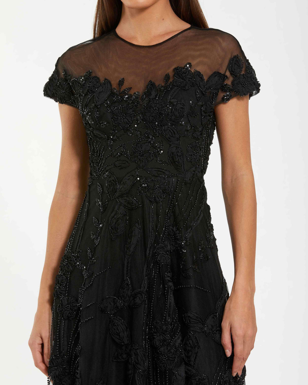 Mac Duggal Black Embellished Lace Illusion Cocktail Dress