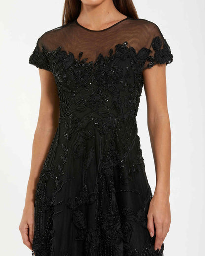 Mac Duggal Black Embellished Lace Illusion Cocktail Dress