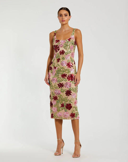 Mac Duggal Beige Floral Beaded Scoop Neck Midi Dress