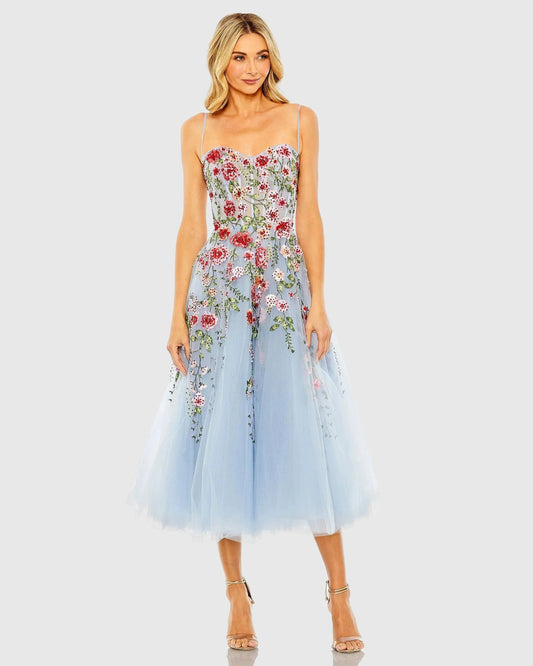 Mac Duggal Blue Bustier Embroidered Floral A-Line Dress
