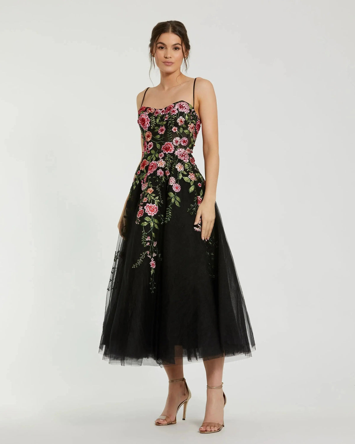 Mac Duggal Black Multicolor Bustier Embroidered Floral A-Line Dress