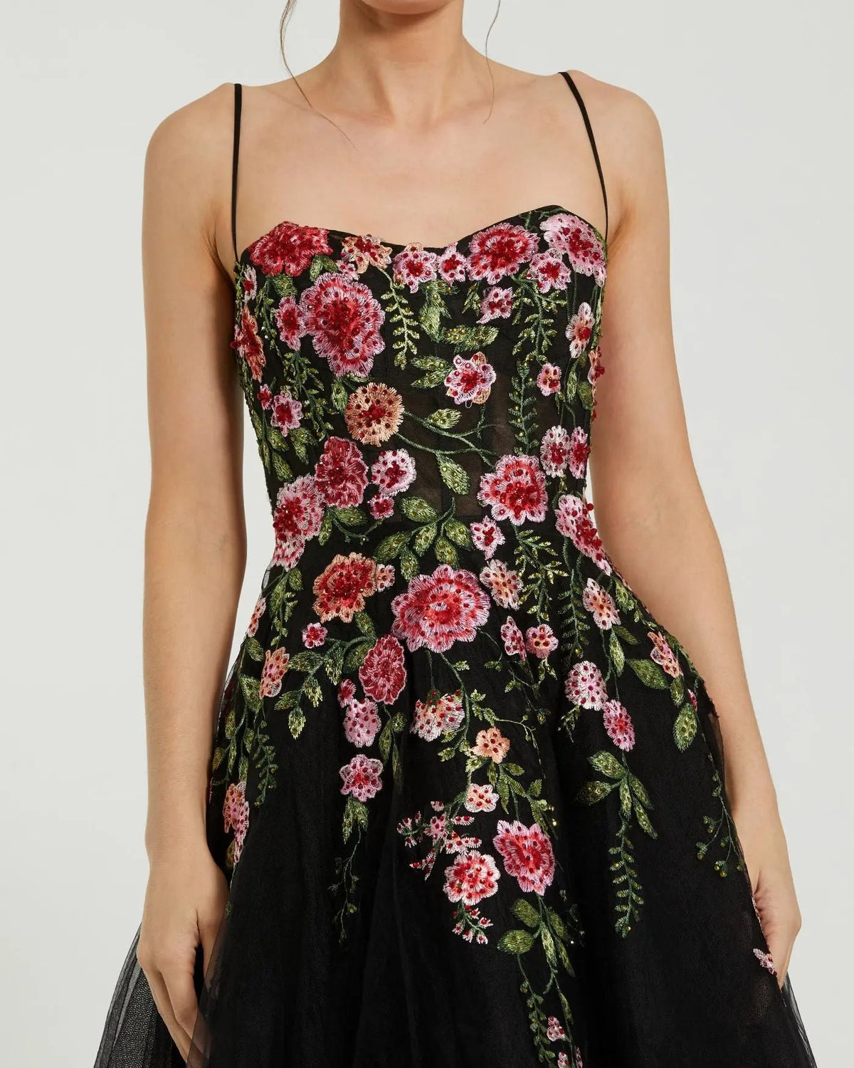 Mac Duggal Black Multicolor Bustier Embroidered Floral A-Line Dress
