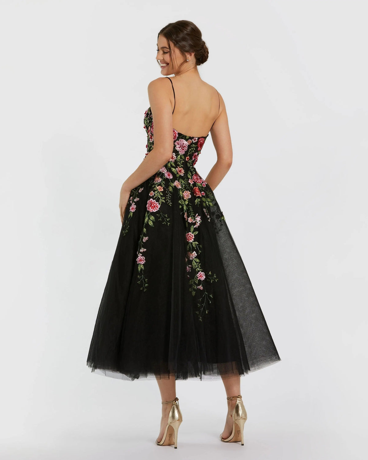 Mac Duggal Black Multicolor Bustier Embroidered Floral A-Line Dress