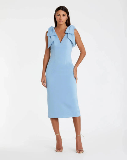 Mac Duggal Blue Sleeveless Crepe Midi Dress With Bow Straps