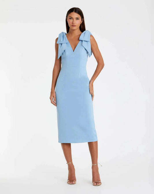 Mac Duggal Blue Sleeveless Crepe Midi Dress With Bow Straps