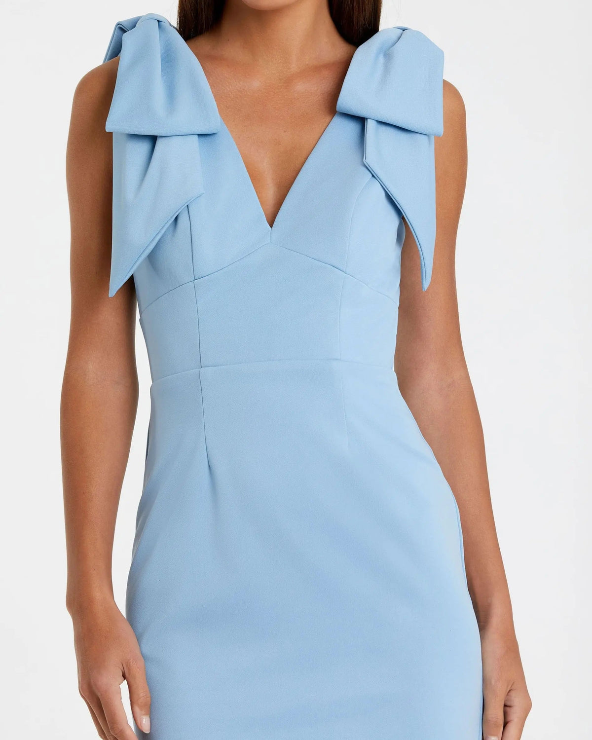 Mac Duggal Blue Sleeveless Crepe Midi Dress With Bow Straps