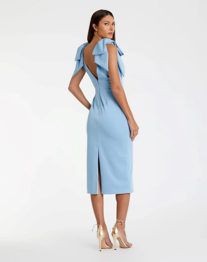 Mac Duggal Blue Sleeveless Crepe Midi Dress With Bow Straps