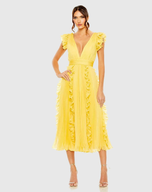 Mac Duggal Pleated Chiffon V Neck Ruffle Midi Dress Duggal