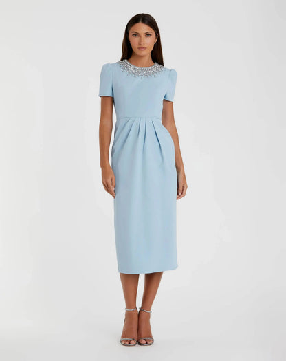 Mac Duggal Blue Short Sleeve Rhinestone Neckline Midi Dress