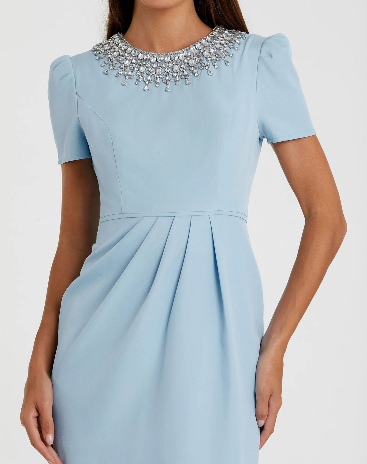 Mac Duggal Blue Short Sleeve Rhinestone Neckline Midi Dress