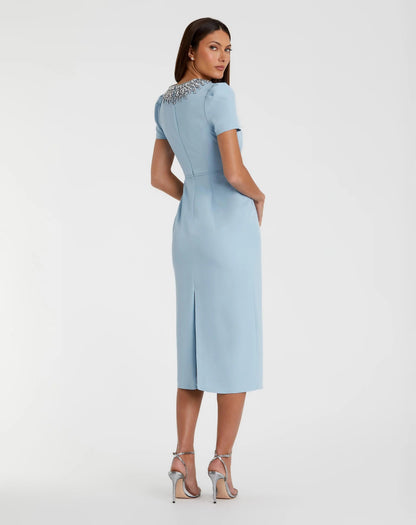 Mac Duggal Blue Short Sleeve Rhinestone Neckline Midi Dress