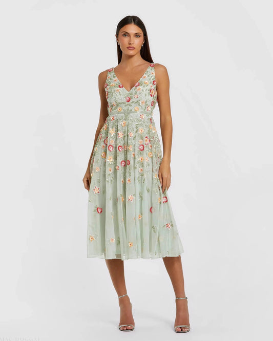 Mac Duggal Green V-Neck Sleeveless Midi Floral Beaded A-line Dress