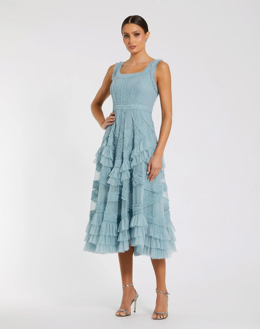Mac Duggal Blue Scoop Neck Sleeveless A-Line Ruffle Midi Dress